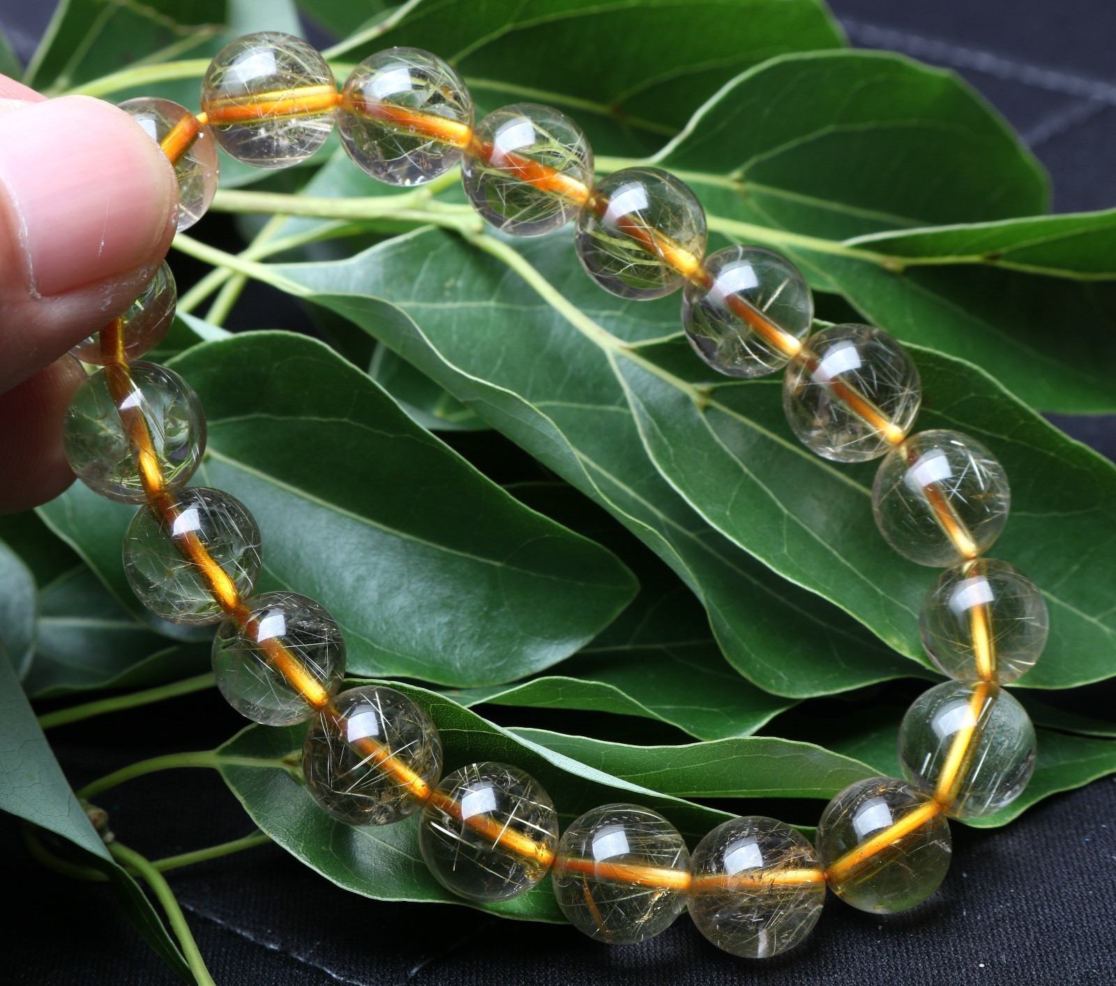 29.8g Rare Natural Clear Gold Rutilated Quartz Crystal 10mm Round Bead Hand cate