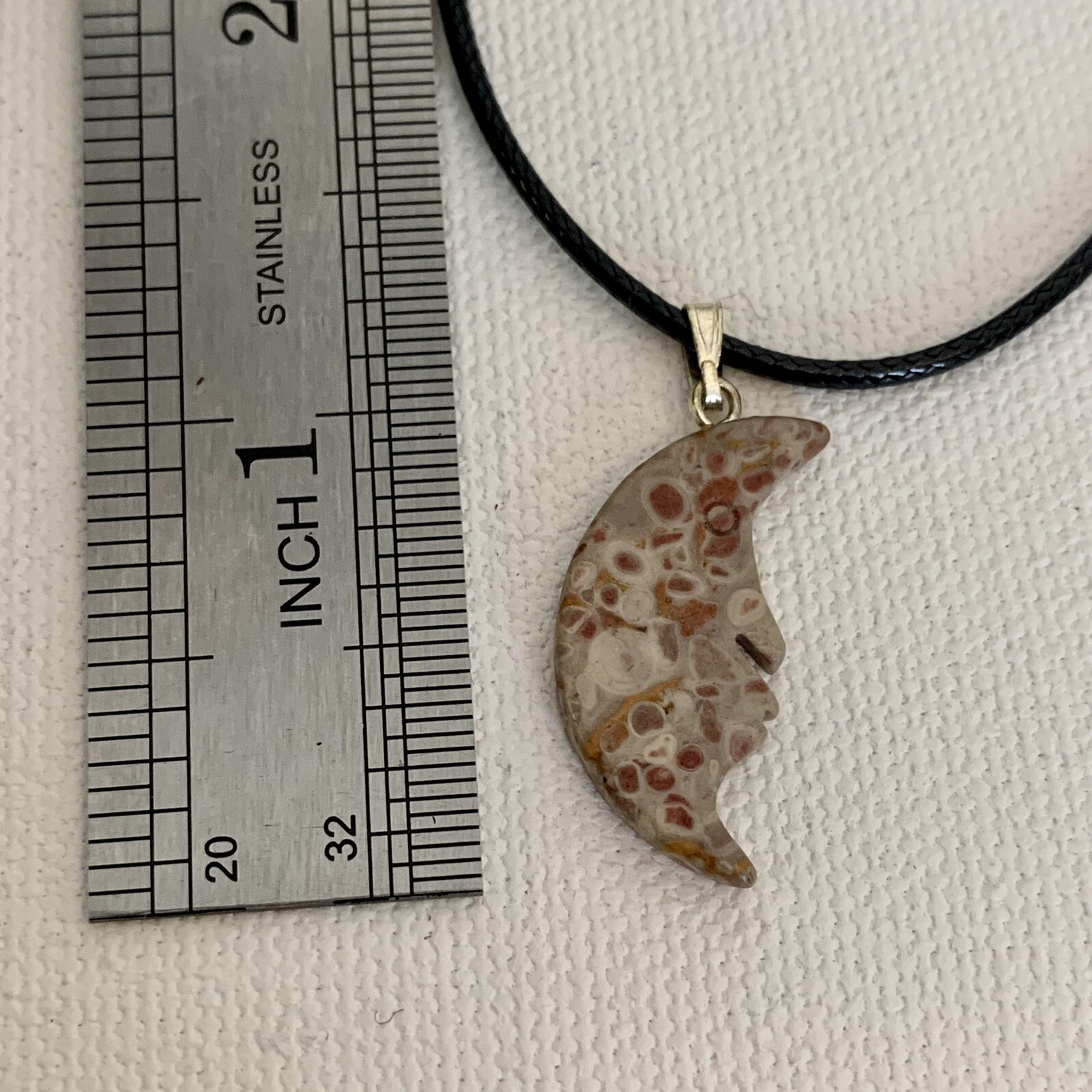 Fossil Stone Crescent Man in Moon Face Pendant Necklace Polished Half Moon 20″