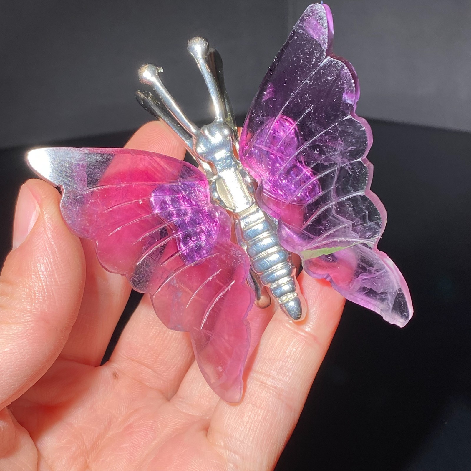 Natural Crystal Fluorite Butterfly Wings Healing Statue Decor + Stand