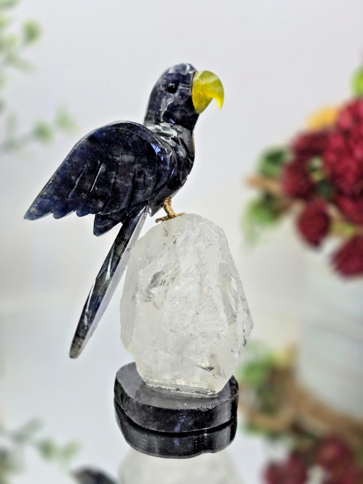 Hand Carved Dark Blue Macaw on Clear Crystal Base 4.25″ Natural Stone Bird