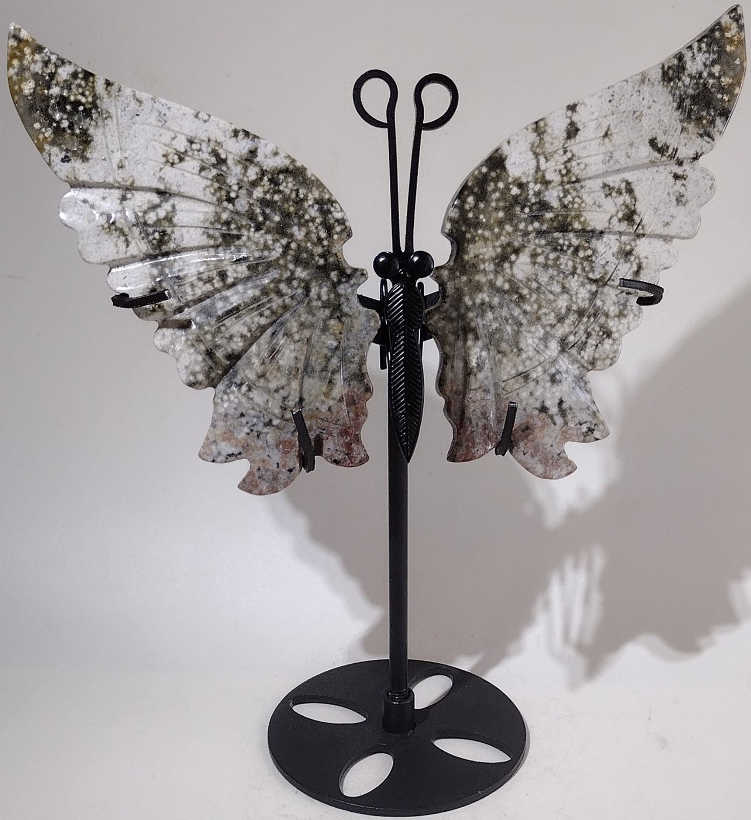8th Vein Ocean Jasper Butterfly Wings on Metal Stand Orbicular Bubble Madagascar