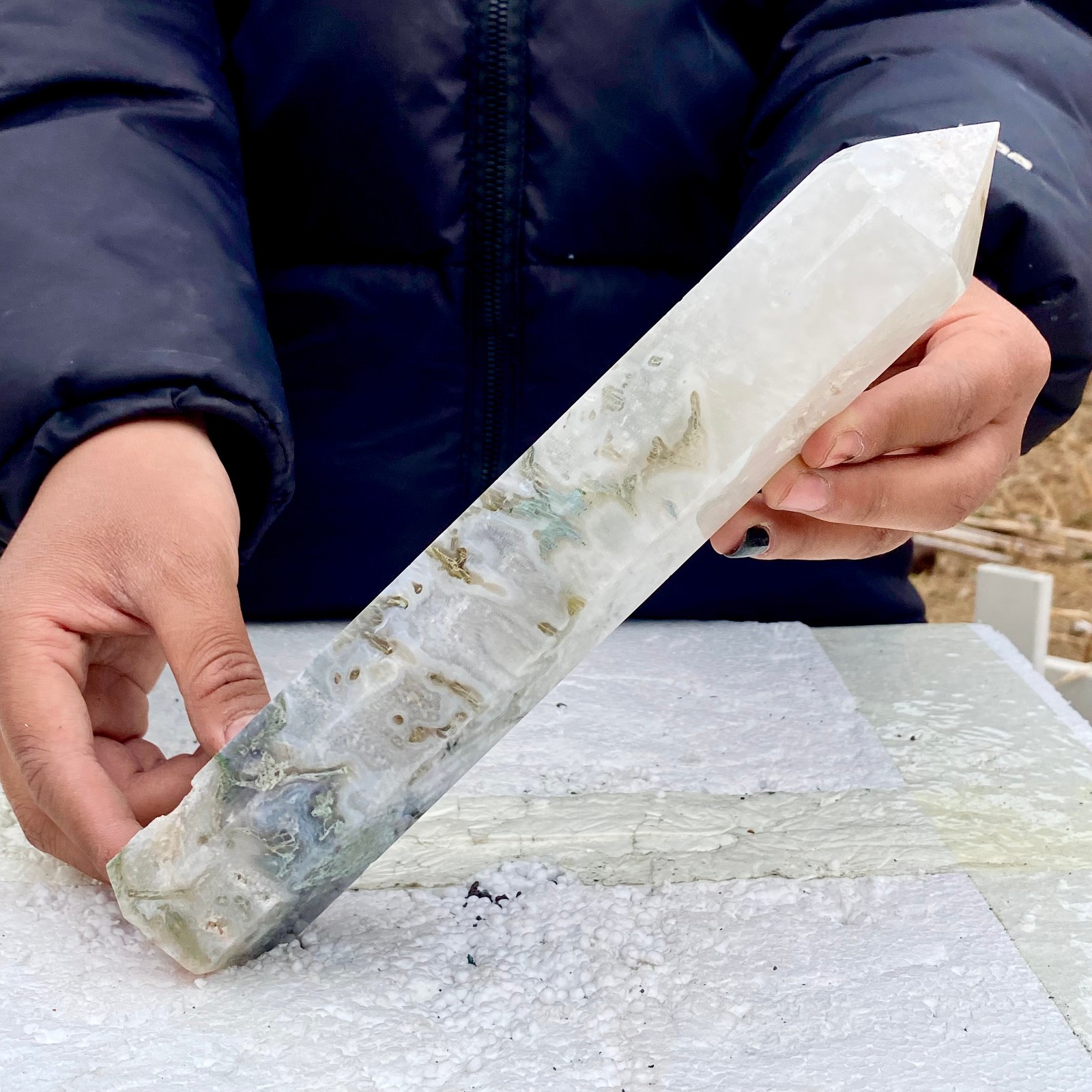 1.76LB Natural green moss agate quartz crystal obelisk aura healing