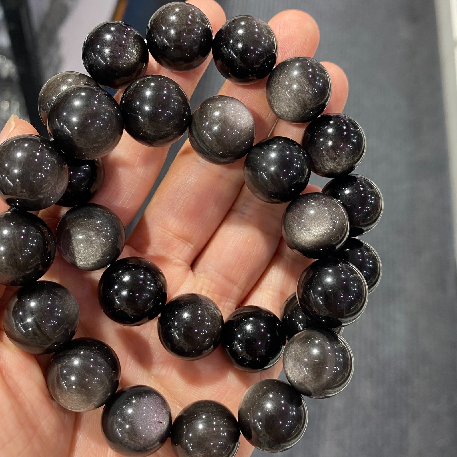 1Pcs silver obsidian bracelets 16mm
