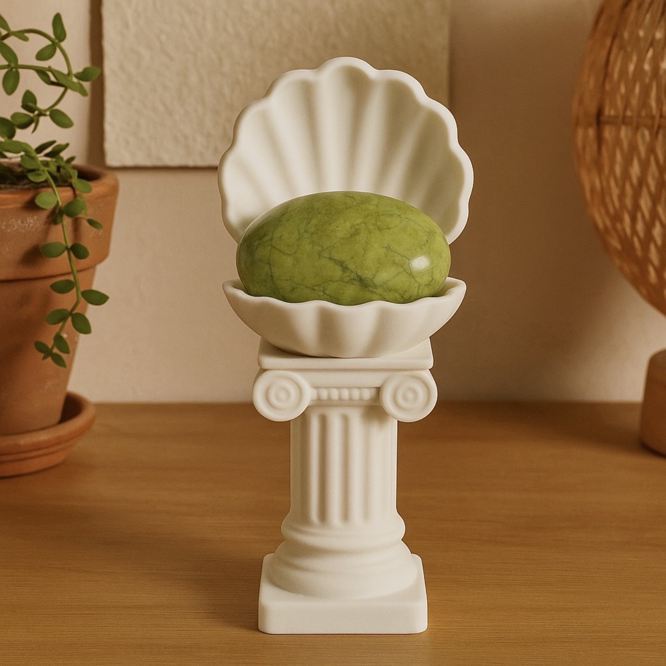 Venus Shell Pedestal Palm Stone Holder with Included Green Opal Crystal