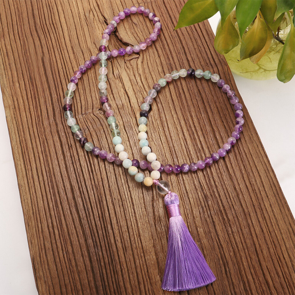8mm Natural Rainbow Fluorite Amethyst Gemstone 108 Beads Mala Necklace Bracelet