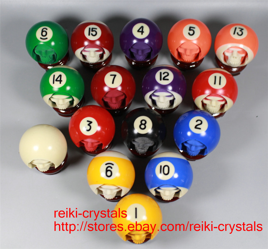 Hand Carved Head Human Skull in Billiard Pool Ball 1 Set of 16/ Stands 52mm