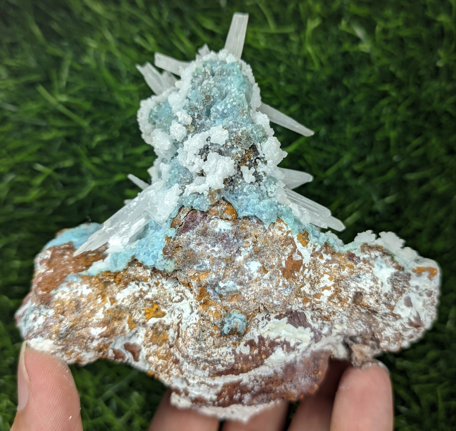 New Find White Aragonite with Blue Malachite on Matrix Limonite, Specimen – Pak.