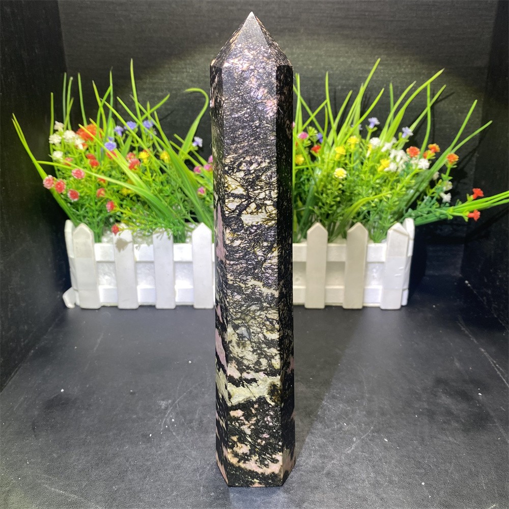 1.9LB 9″Natural Unique Pink Rhodonite Obelisk Crystal Reiki Tower Heal Decor