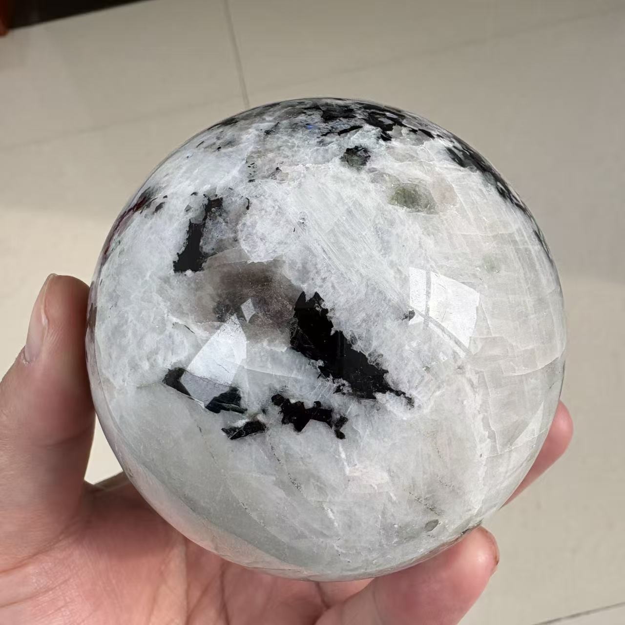 2.2LB 3.5″ Natural Black And White Moonstone Sphere Crystal Ball Healing