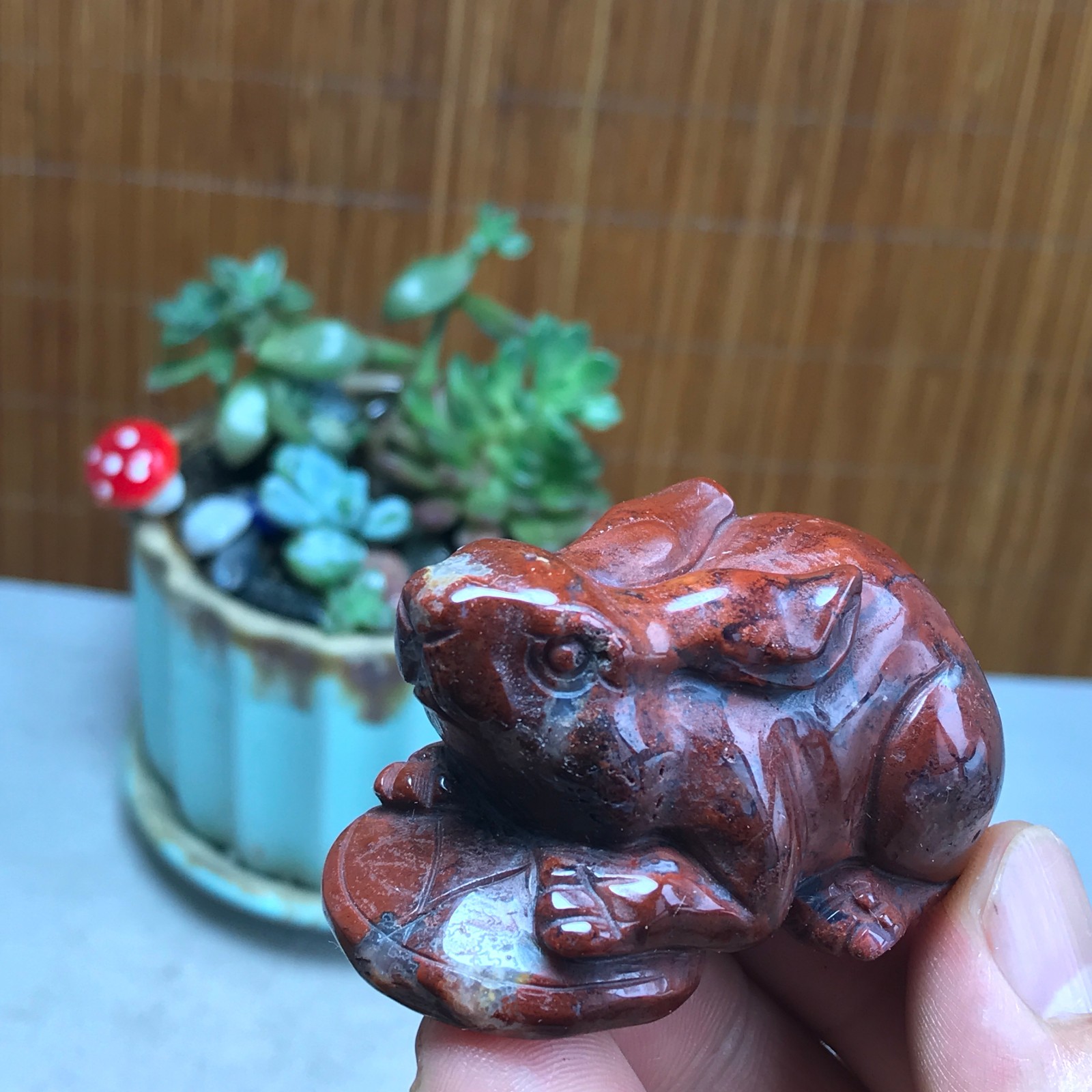 Natural bloodstone carve Rabbit & Copper Coin Figurine, Feng Shui Wealth Luck 82