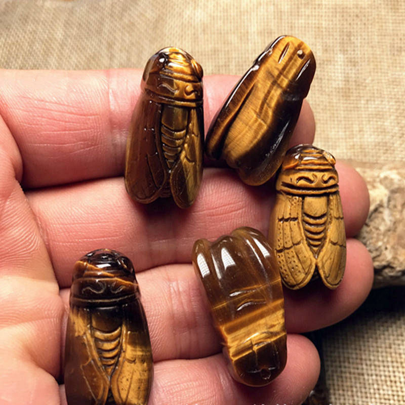 Natural Tiger’s Eye Stone Carved Cicada Quartz Crystal Stone Pendant Healing