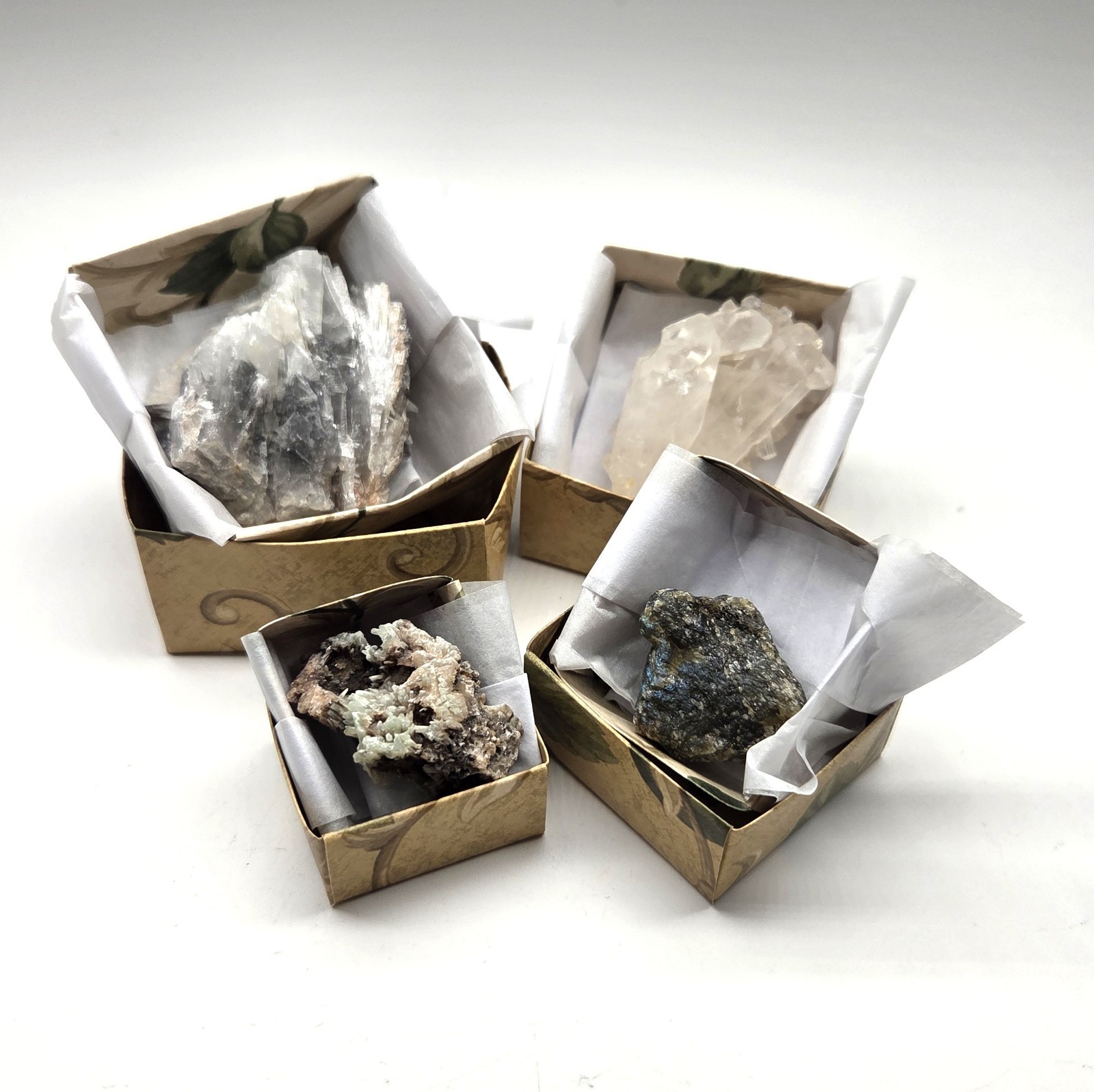 Mixed Natural Crystals – Barite, Malagasy Quartz, Labradorite – In Mini Boxes