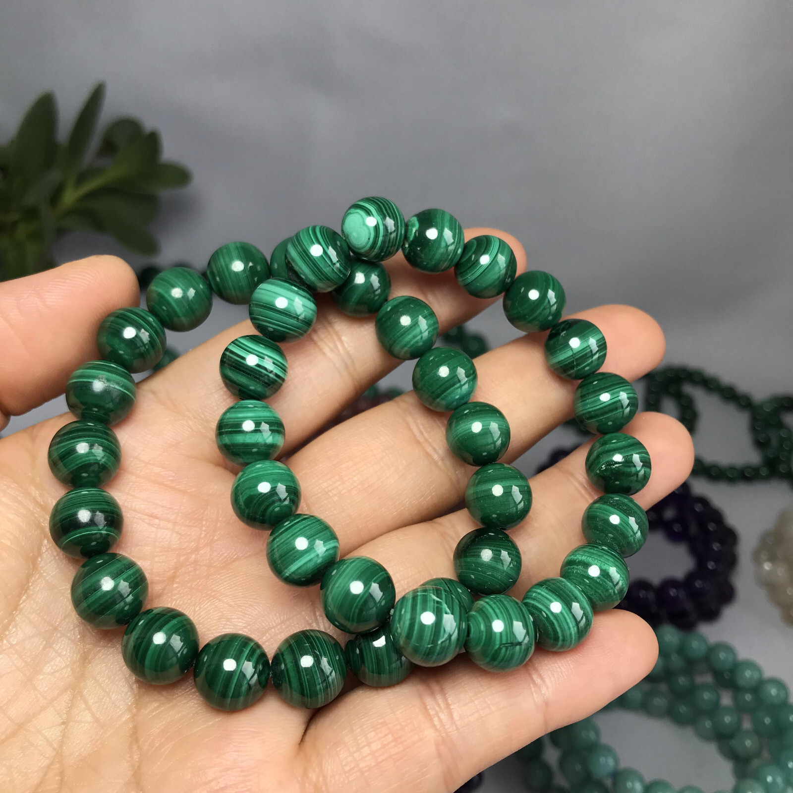 10mm Natural malachite gemstone Crystal chain beads bracelet 39-40g A5262
