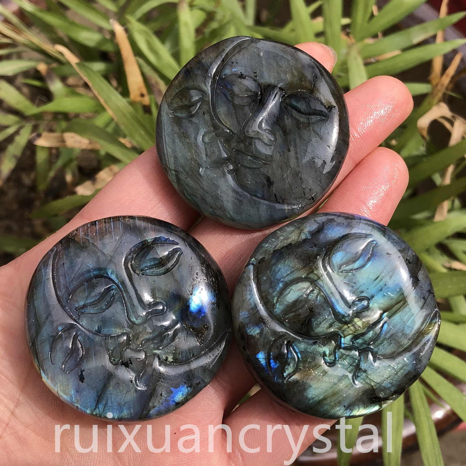 1pc Natural Labradorite Quartz Hand- Carved Sun Moon skull Crystal Reiki healing