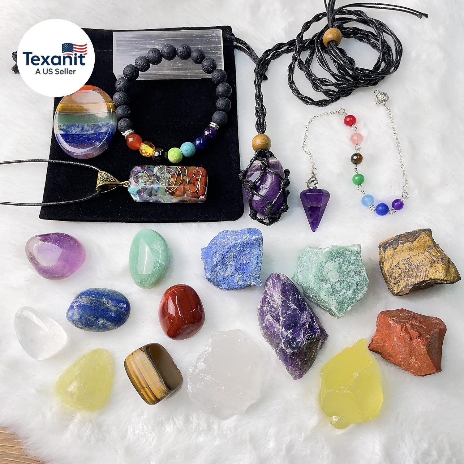 22Pcs Healing Crystals Set, Chakra Quartz Kits in Wooden Box (7 Raw and 7 Tumble