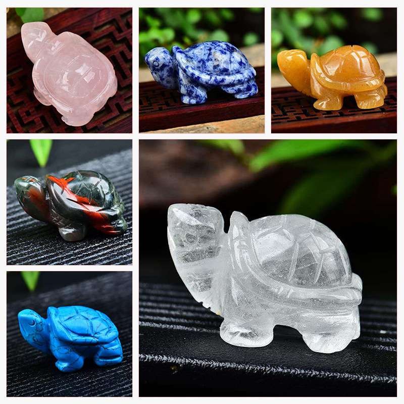 Natural Quartz Crystal Carved Longevity Healing Stone Turtle Animal Statue Decor