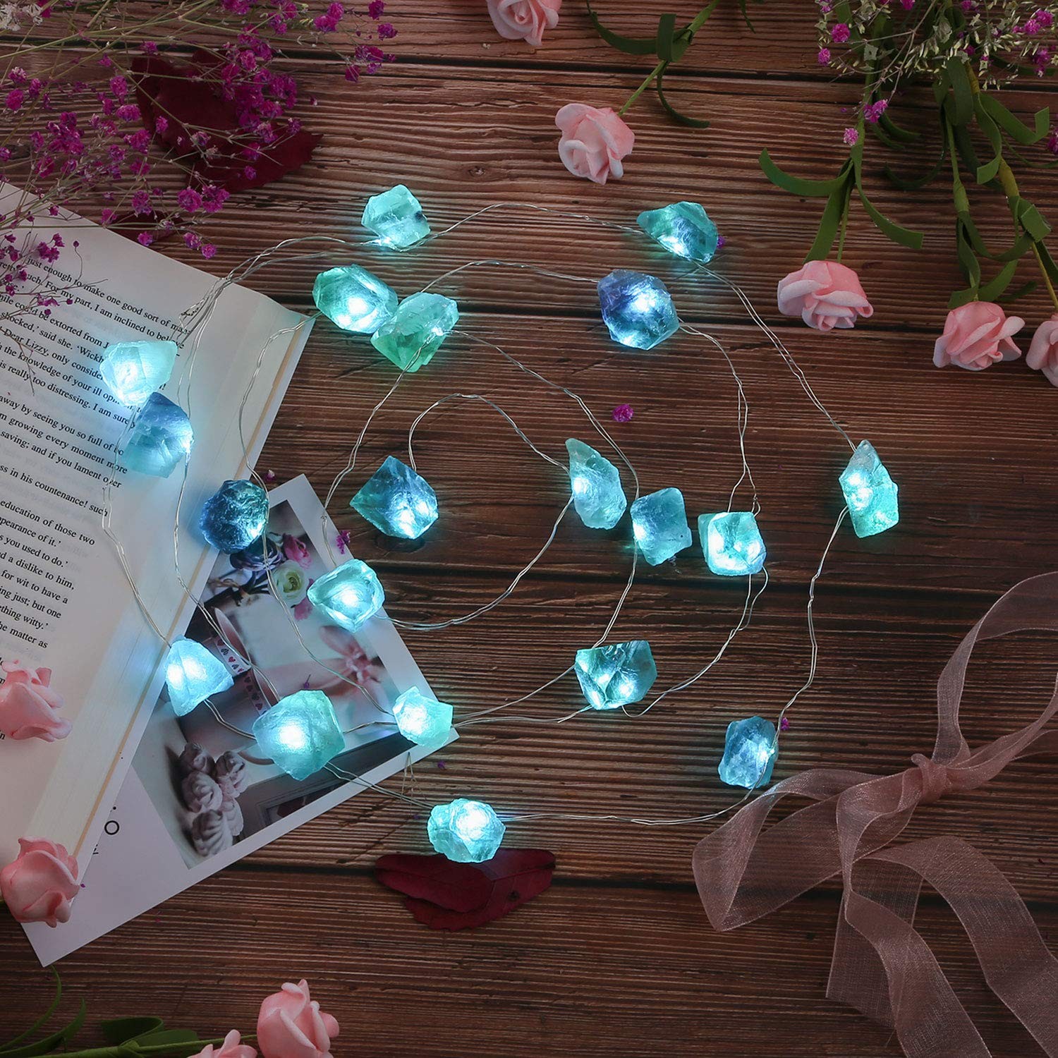 Natural Fluorite String Lights Raw Crystal Decorative Lights Healing Cluster Lit
