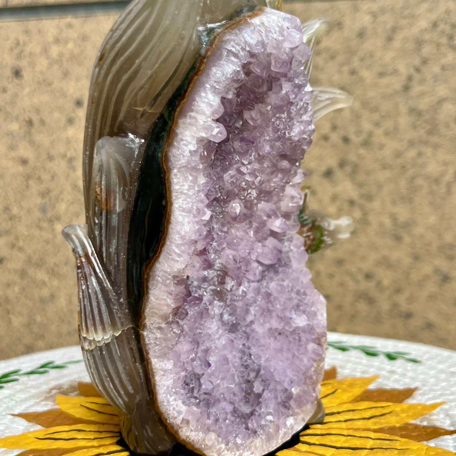 2.5 lb Unique Agate Geode Druzy Fox Carving Crystal Animal Collectible Art