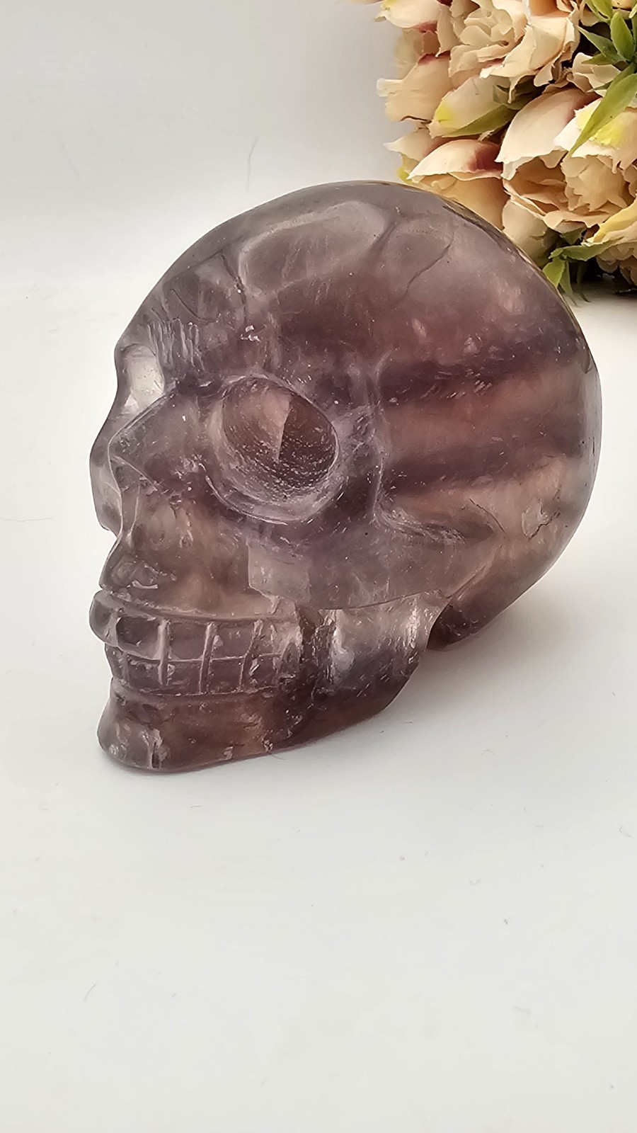 Rainbow purple Fluorite Skull Crystal Carving 369g Purple 7.5 x 6 x4.8cm