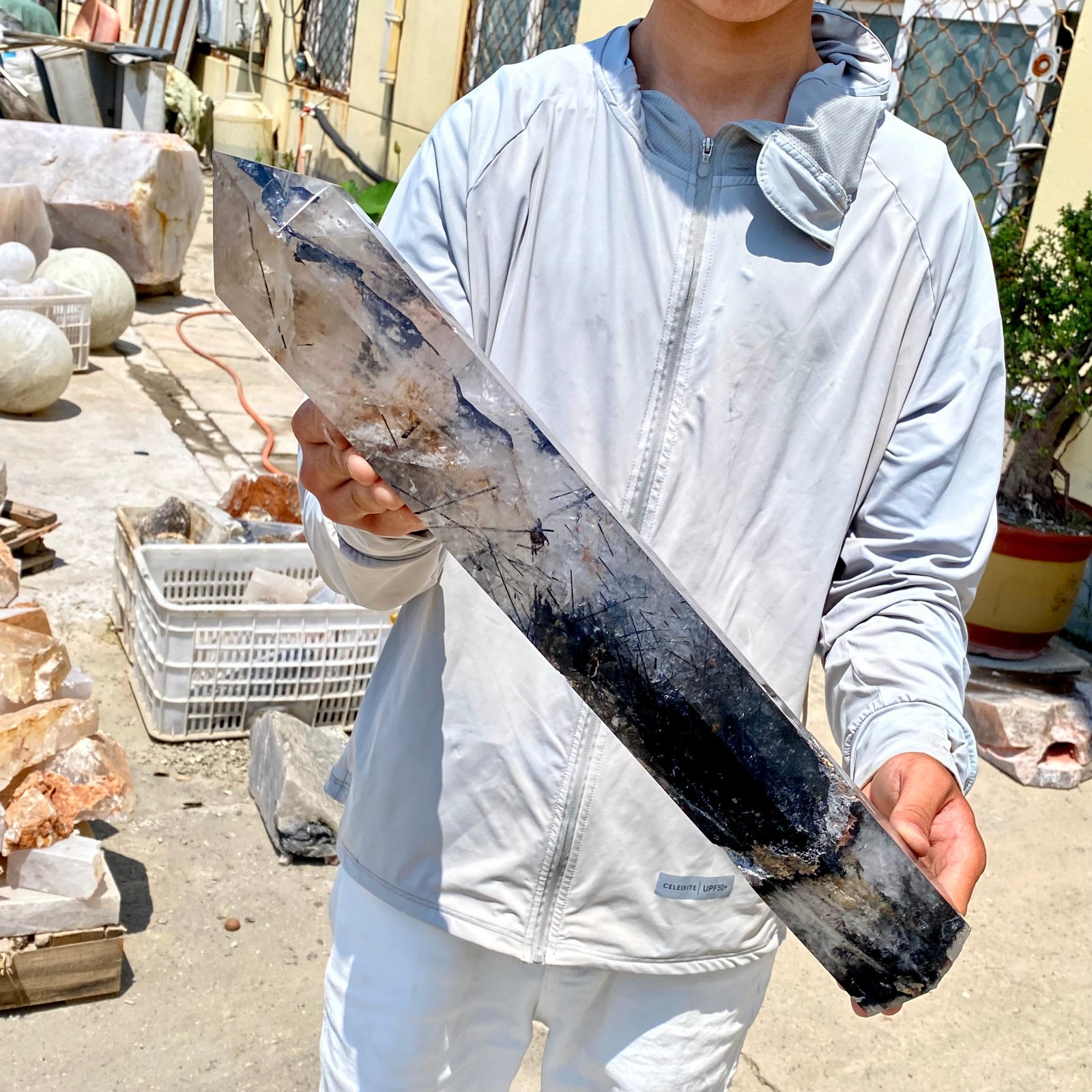 11LB Natural black hair and white crystal symbiotic aura gem mineral point