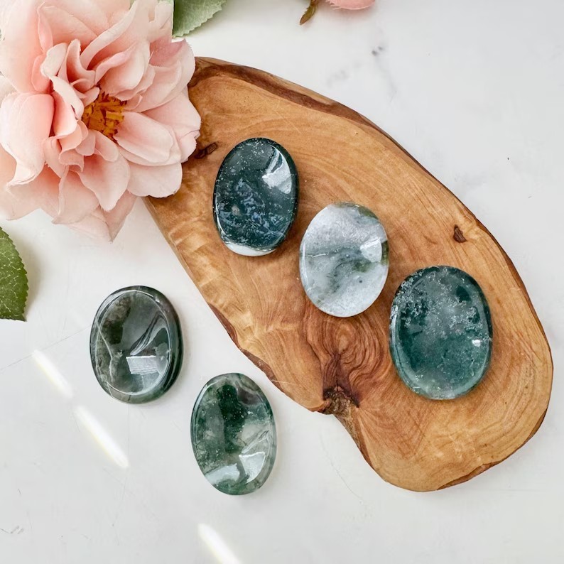 Moss Agate Polished Palm Pocket Worry Stone for Healing Anxiety Relief Balance