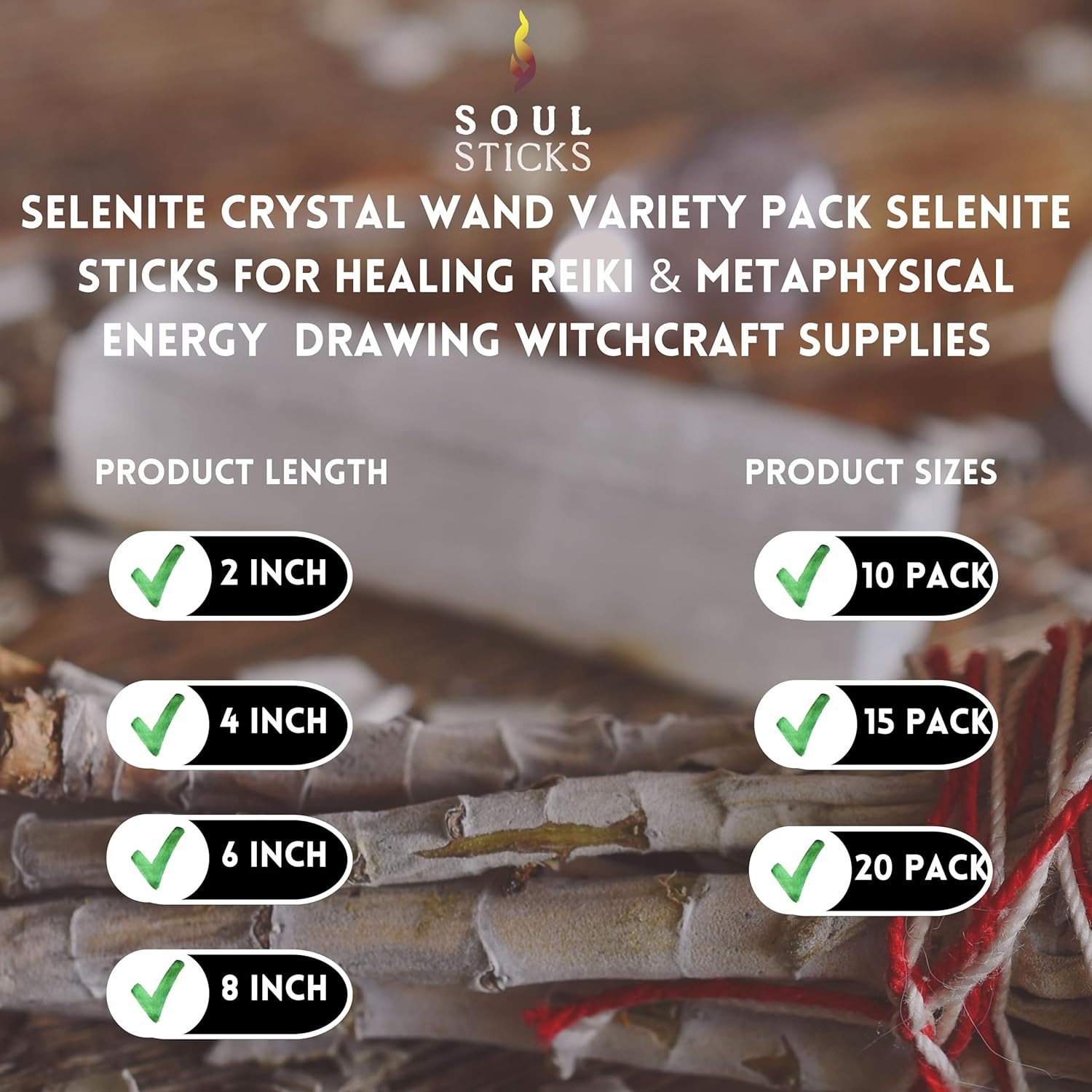 4 Selenite Crystal Wand | Variety Pack Selenite Sticks for Healing | Reiki & Met