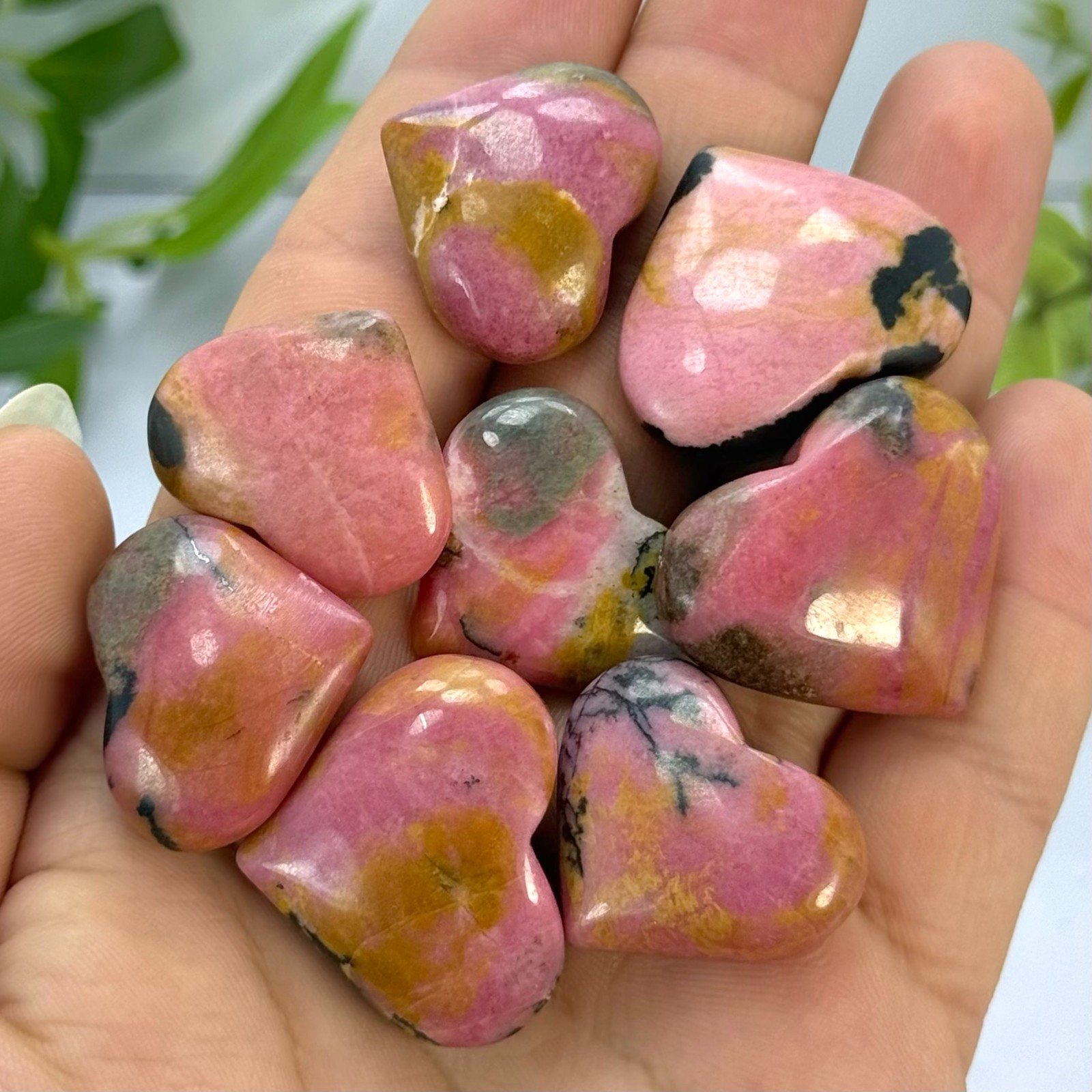 Pink Polished Rhodonite Crystal Heart Stones, Rhodonite Polished Pink Heart Ston