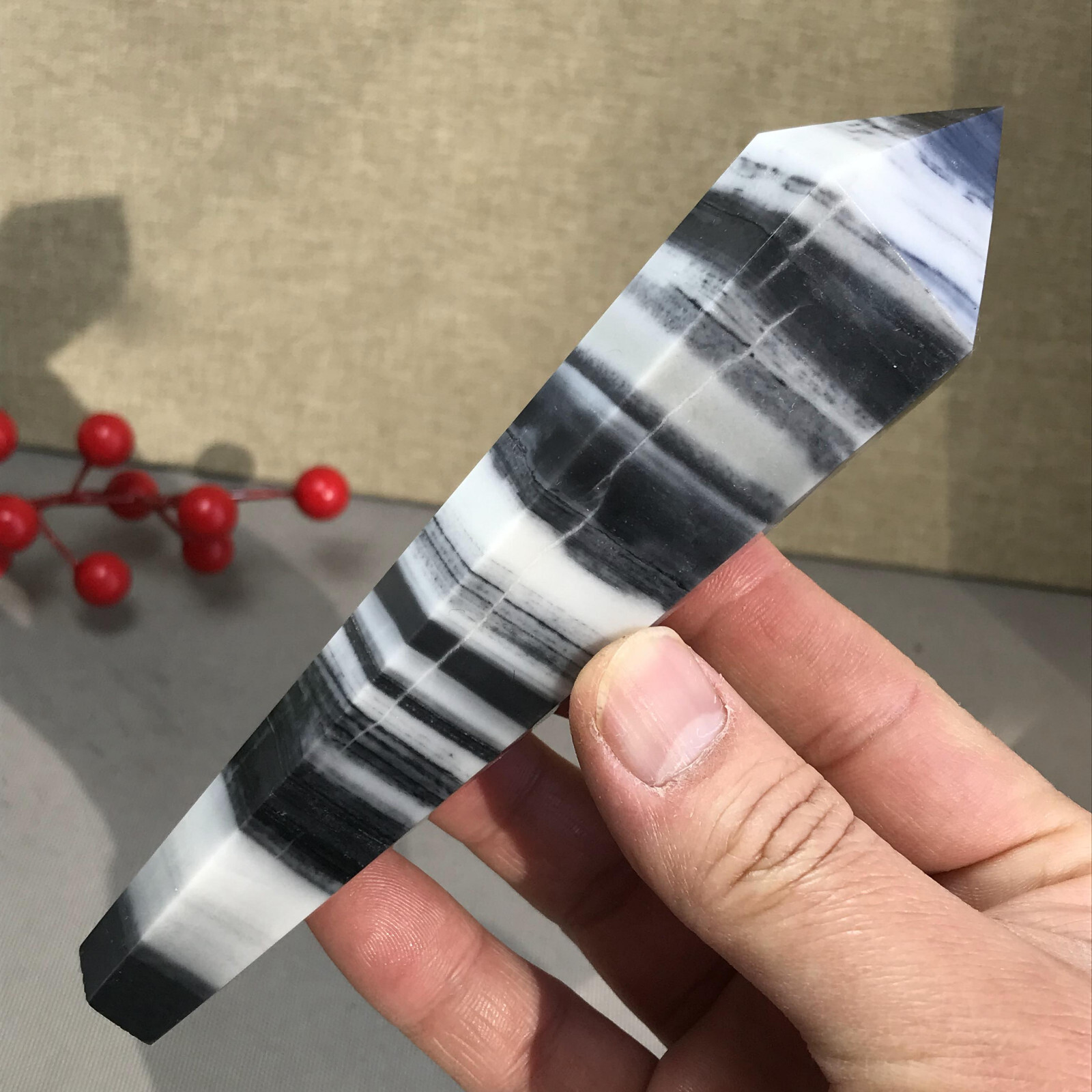 151mm Long Natural Taiji Stone stripe wand Obelisk Crystal specimens 255g A5779
