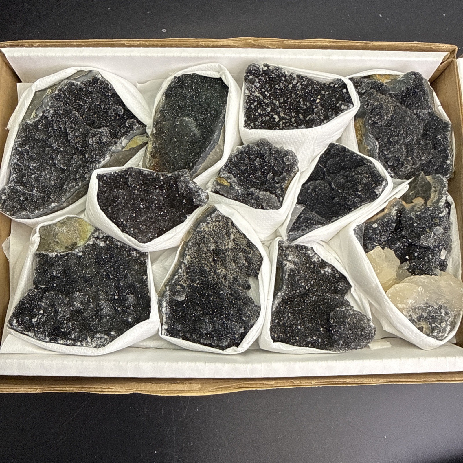 Natural Black Amethyst Zeolite With Calcite Flat! Whole Box! Crystals! Specimen!