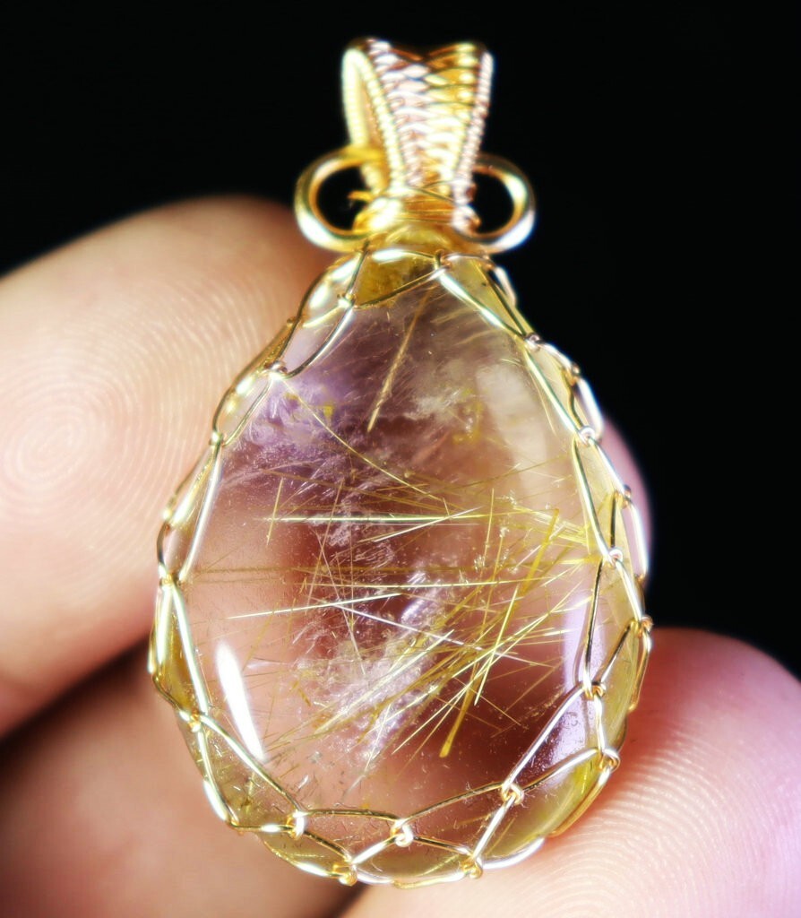 Natural Clear Golden Sun Rutilated Titanium Quartz Crystal Stone Pendant Healing