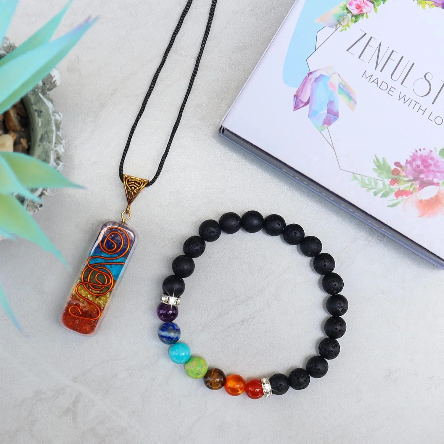 7 Chakra Necklace and Bracelet Set for women & men Orgone Healing Pendant with A