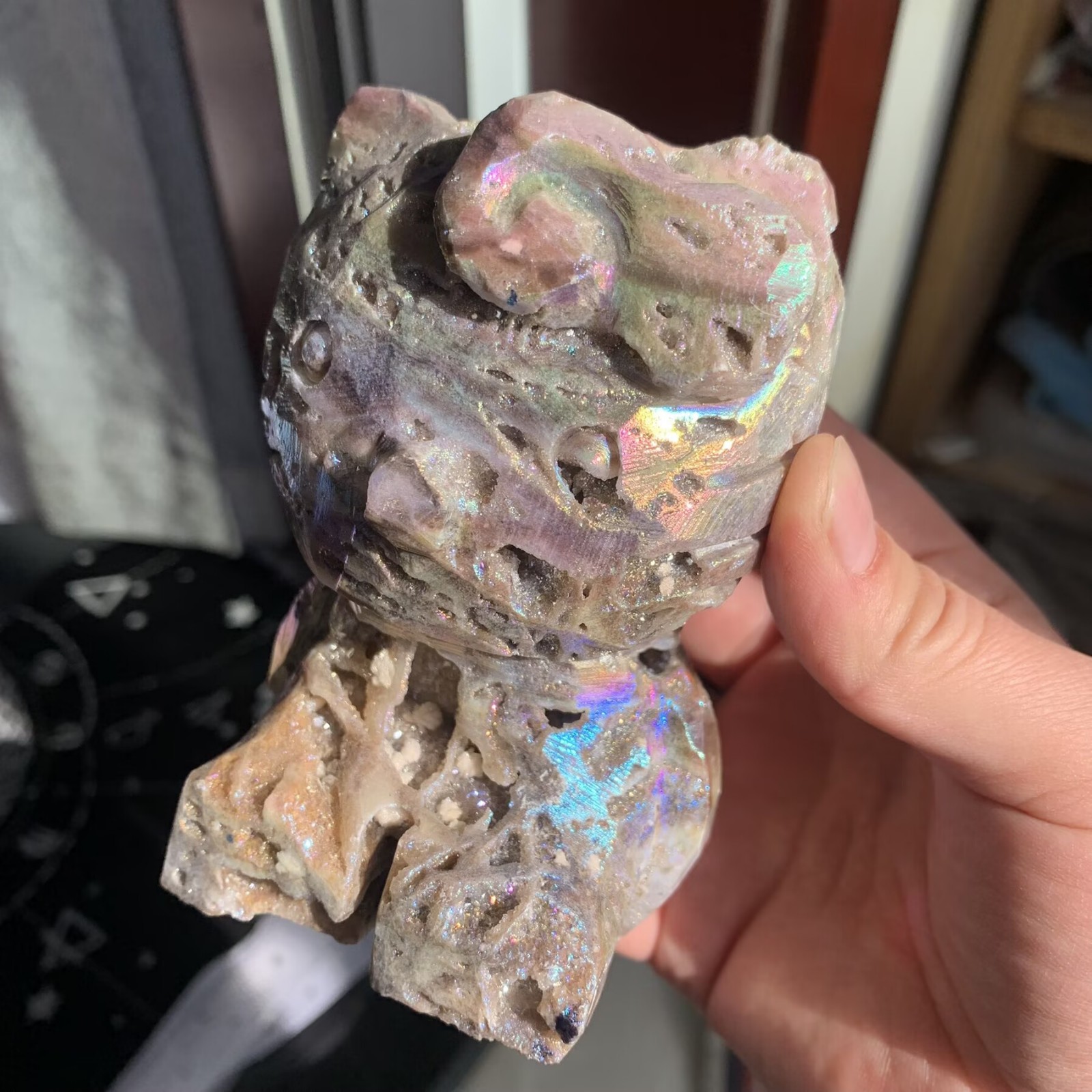 567g Angel Aura Druzy Sphalerite Hello Kitty Cat Rainbow Energy Crystal Art Deco