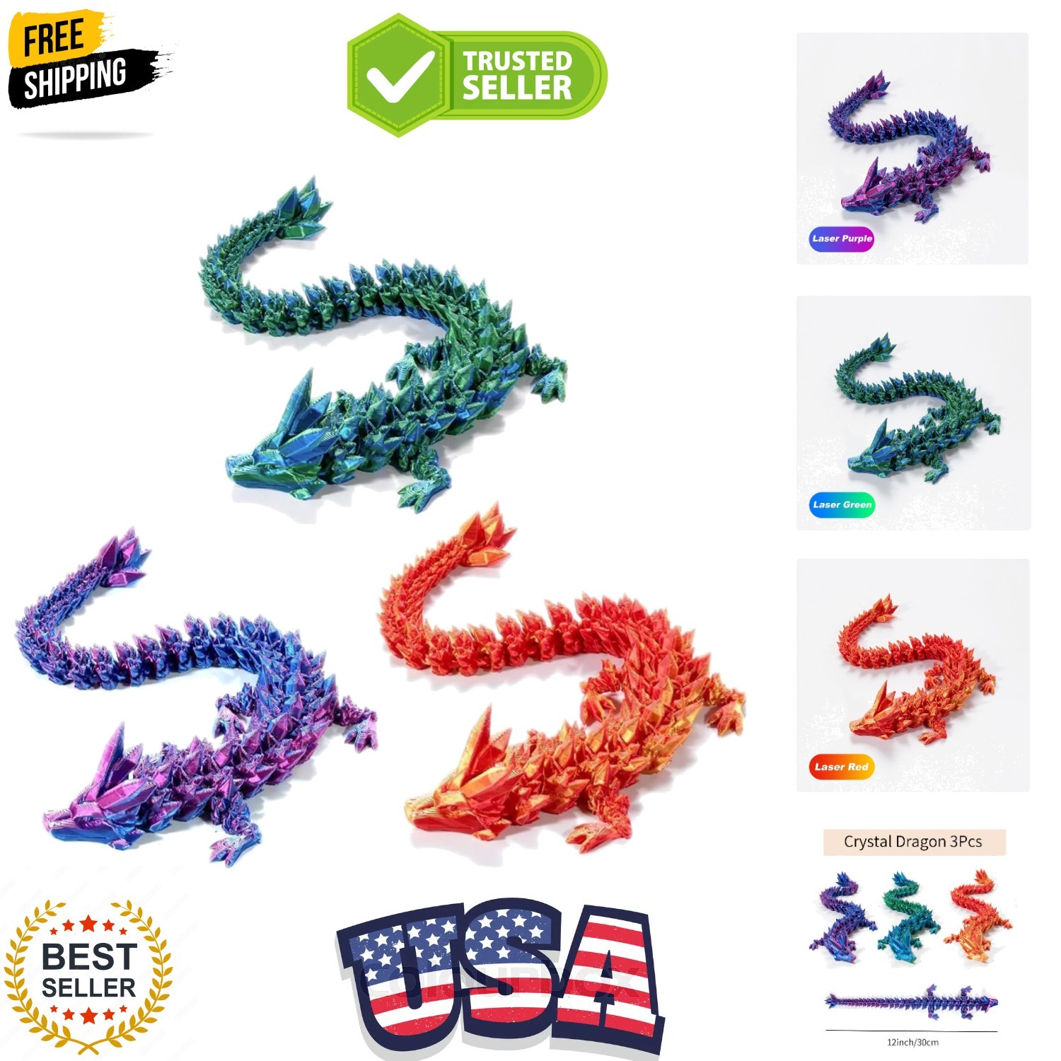 3D Printed Crystal Dragon 12In 3Pcs-Perfect Basket Essentials Stuffers, 3D Pr…