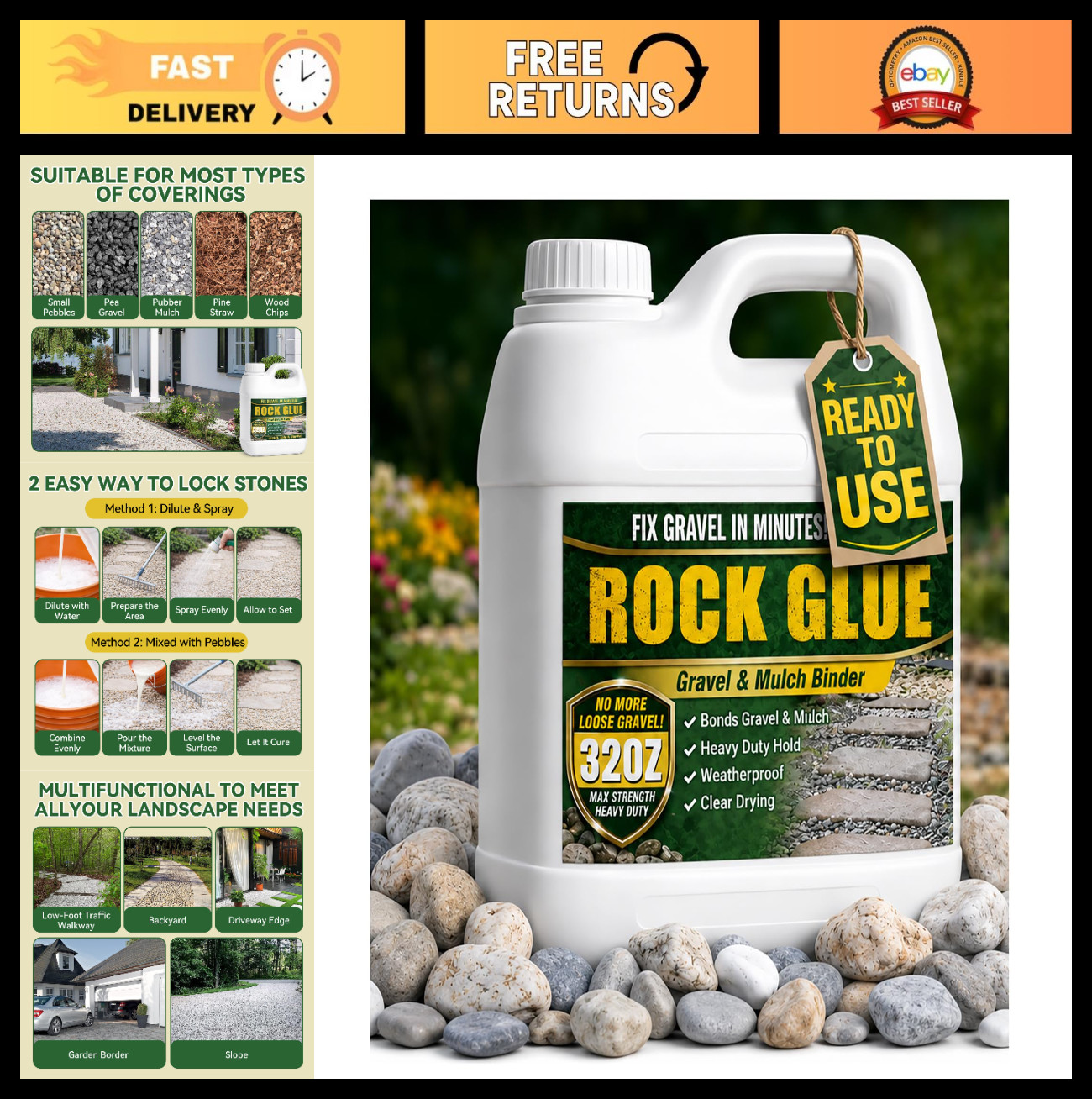 32 Oz Rock Glue for Landscaping – Clear Gravel Adhesive, Stabilizer for Walkways