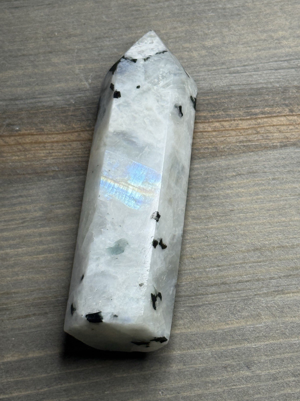 Rainbow Moonstone Crystal Tower Blue Flash Black Tourmaline Inclusion 3.5”