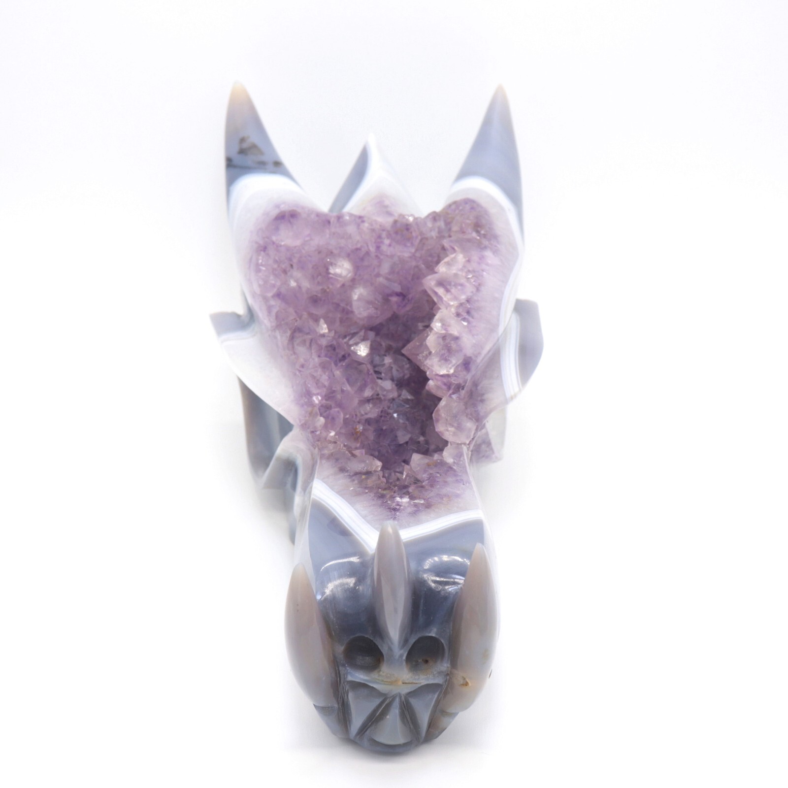 10″ Agate Amethyst Cluster Hand Carved Dreagon Head Sculpture, Crystal Healing