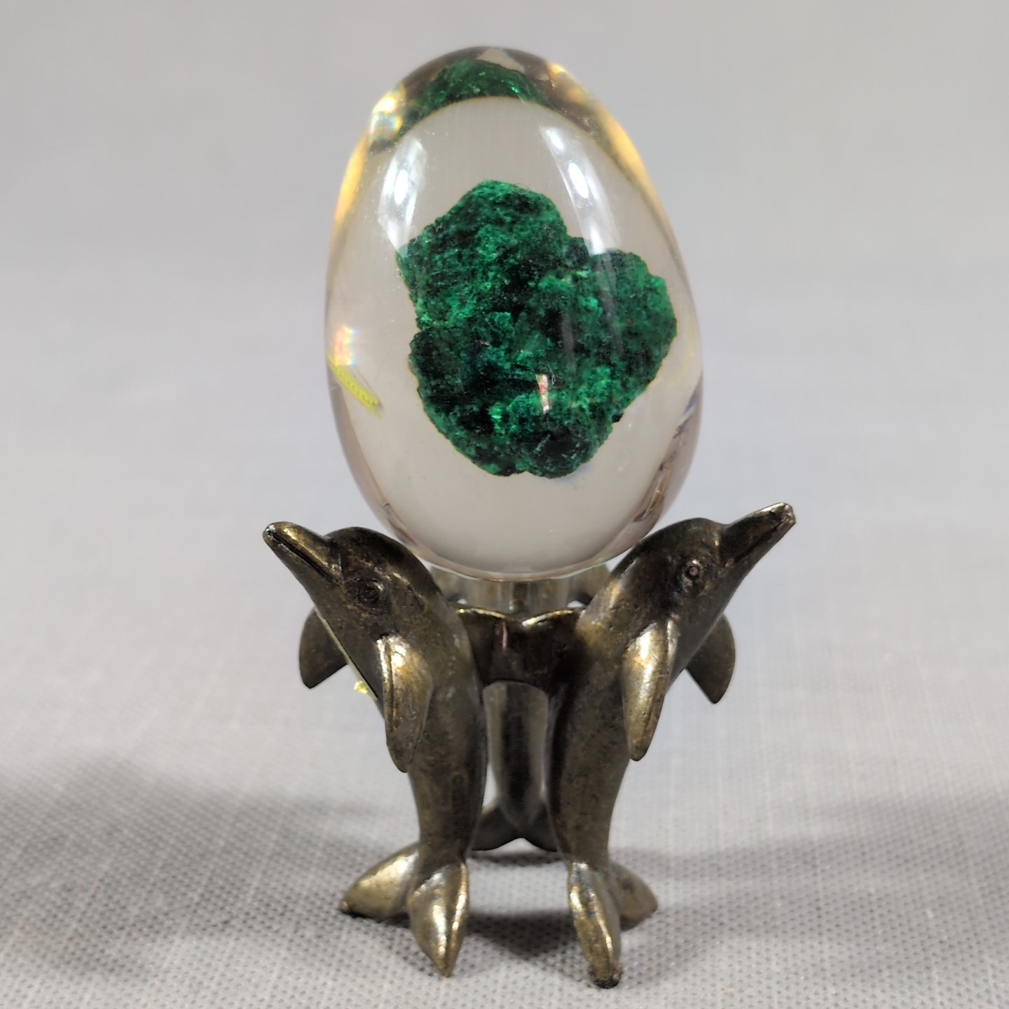 Vintage malachite mineral specimen encased clear Resin & Brass Dolphin Stand 5″