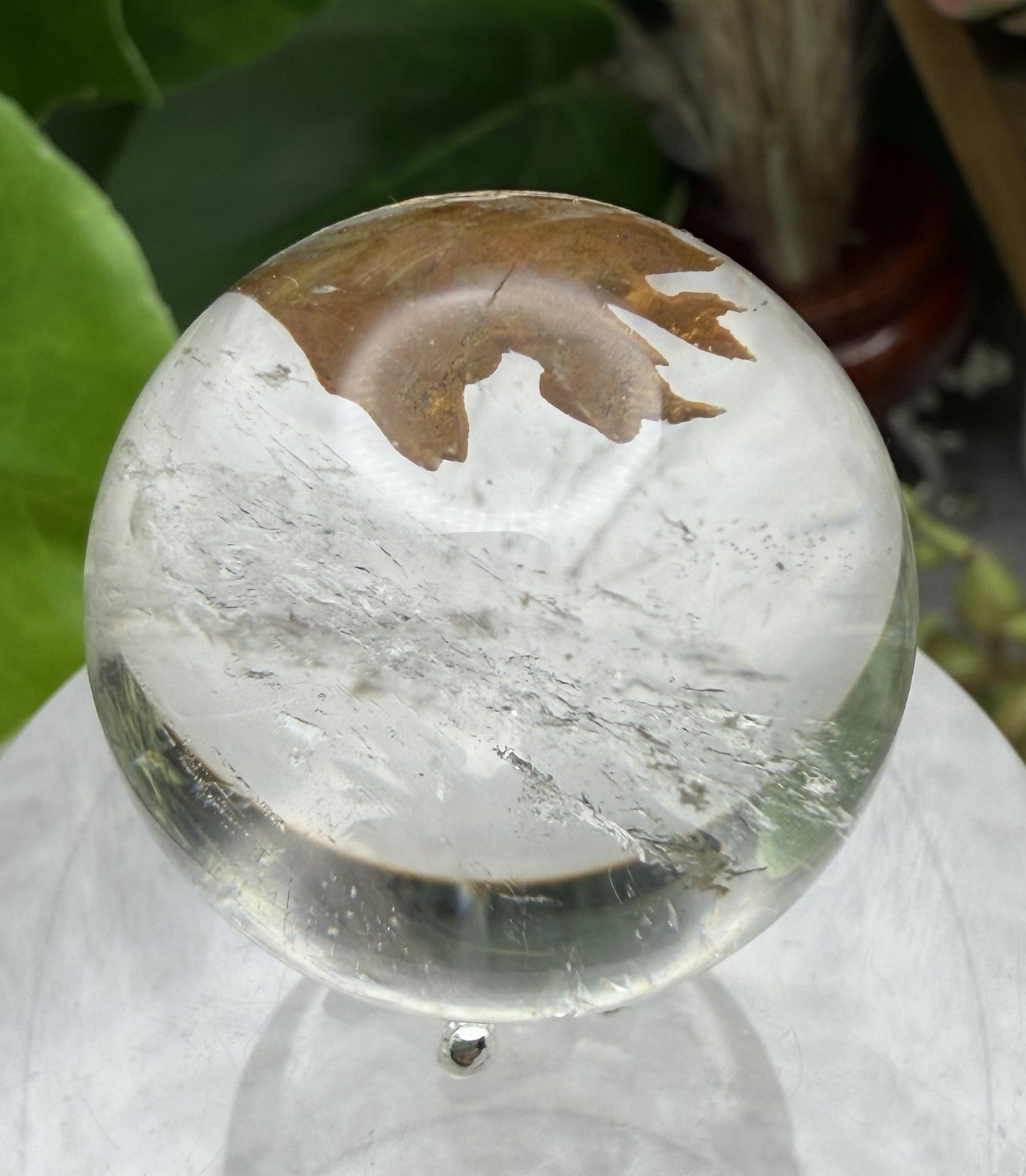 Crystal 28mm Quartz W/ Red Clay Inclusions W/stand Sphere Orb Ball Globe Mineral