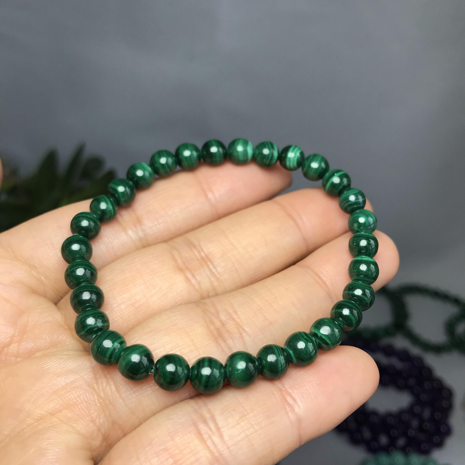 6mm Natural malachite gemstone Crystal chain beads bracelet 13-14g A5264