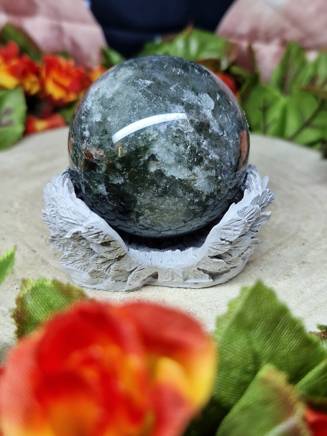 Beautiful Garden Quartz Crystal Sphere 5cm 176g & Handmade Wing Holder