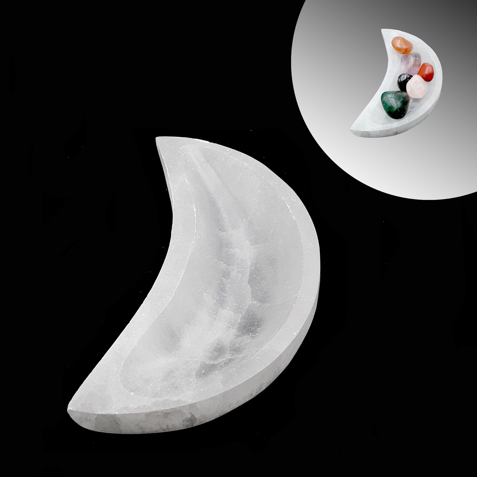 Selenite Crystal Crescent Moon Dish Charging Energy Bowl Approx 3×5″ Inches