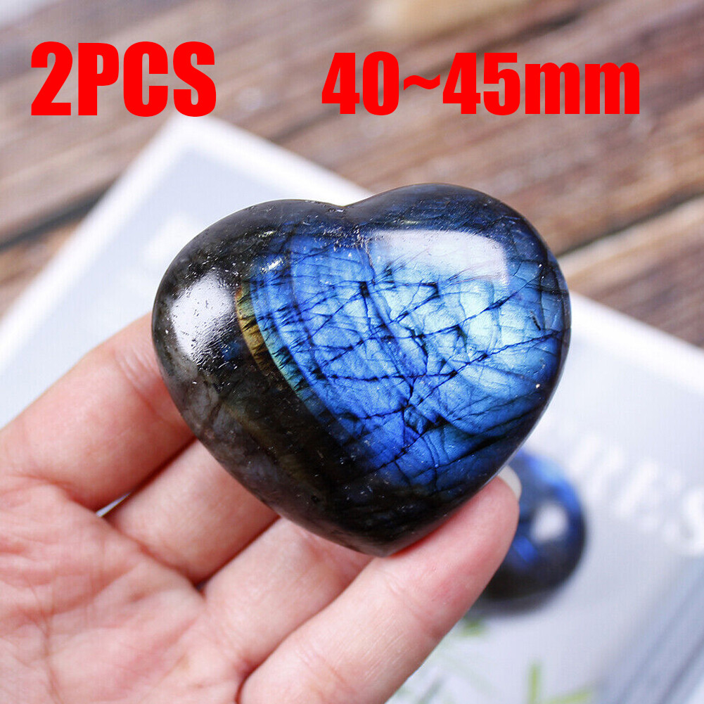 2PCS 40~45mm Natural Crystal Healing Heart Moonstone Polished Labradorite Stone~
