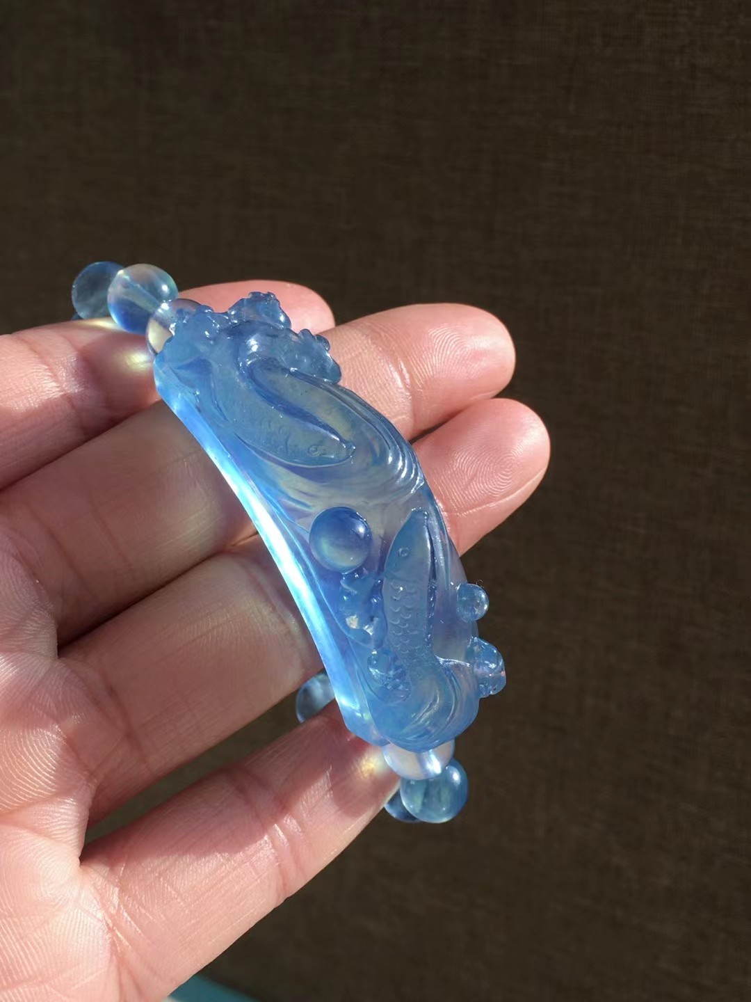 Rare Natural Aquamarine Quartz Healing Crystal Carved Fish bracelet Decor Reiki