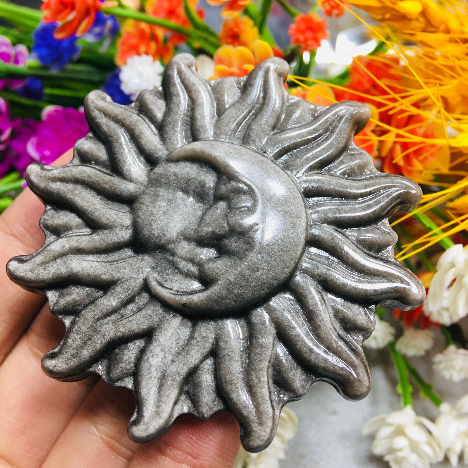 Natural Silver Obsidian Sun Moon Quartz Skull Crystal Specimen Reiki Healing 1pc