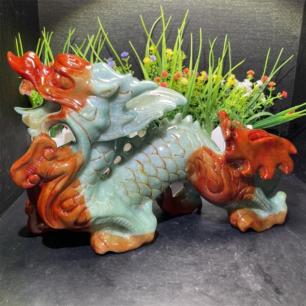 7.4LB 11″ Natural Xiuyan Jade Dragon Decor Crystal Healing Energy Carving Statue