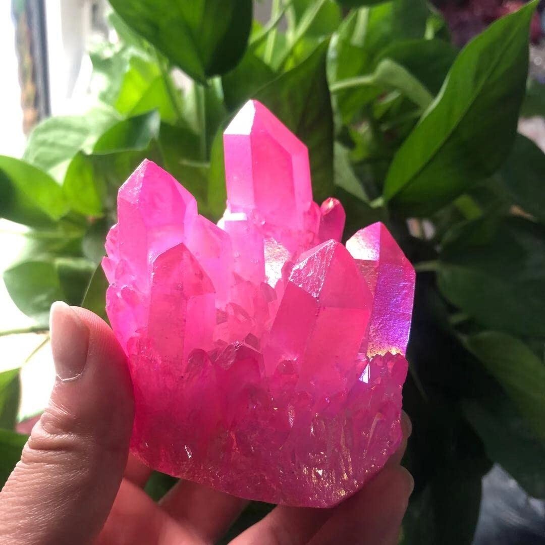 Natural Aura Titanium Pink Rose Quartz Cluster Crystal Energy Stone Geode Reiki