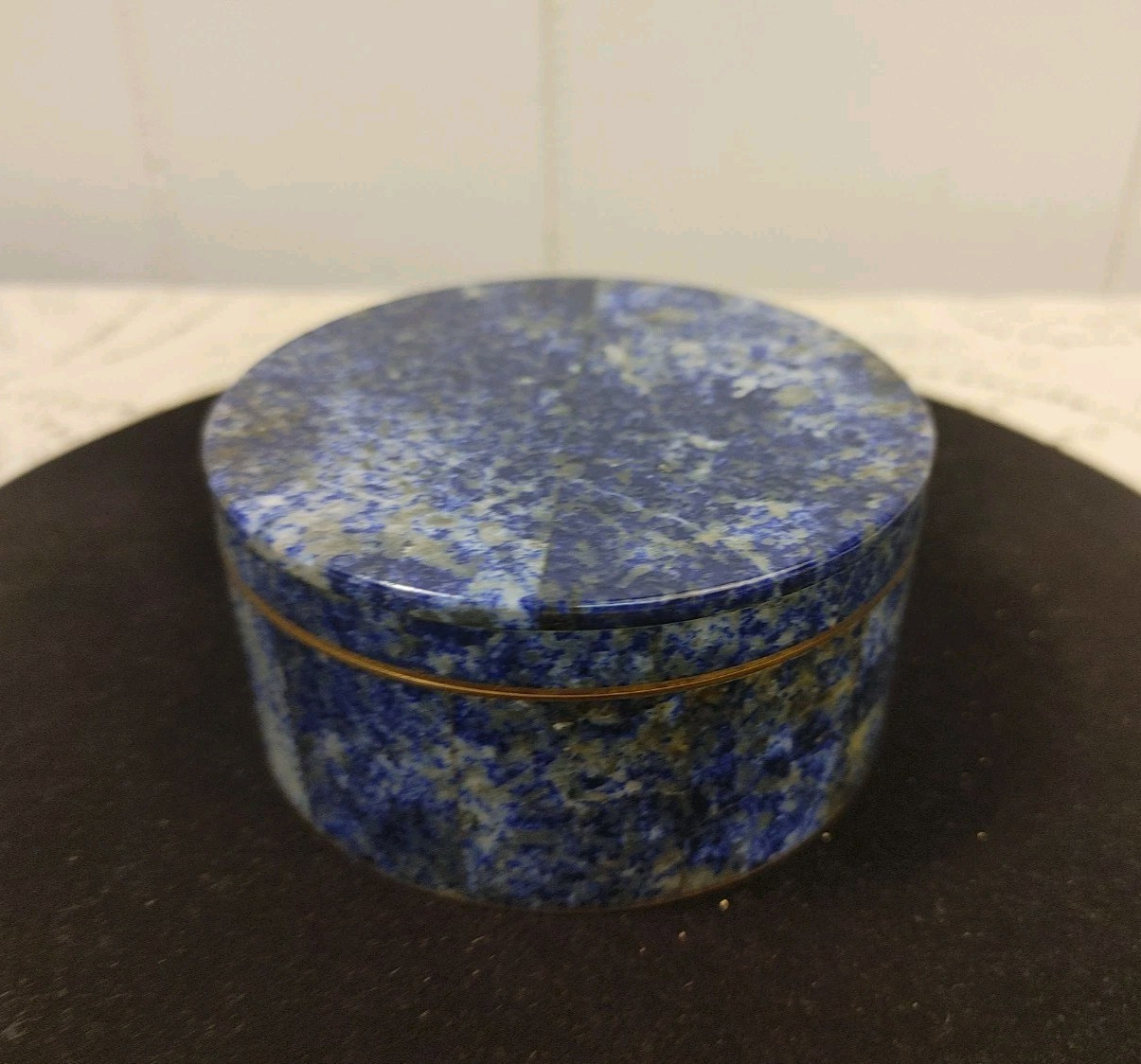 Lapis Lazuli Stone Inlaid Round Trinket Jewelry Box Brass Underlayment