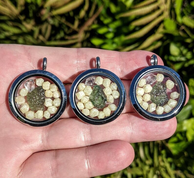 Moldavite & Herkimer Diamond Pendant / Rhodizite Crystals / Locket Necklace