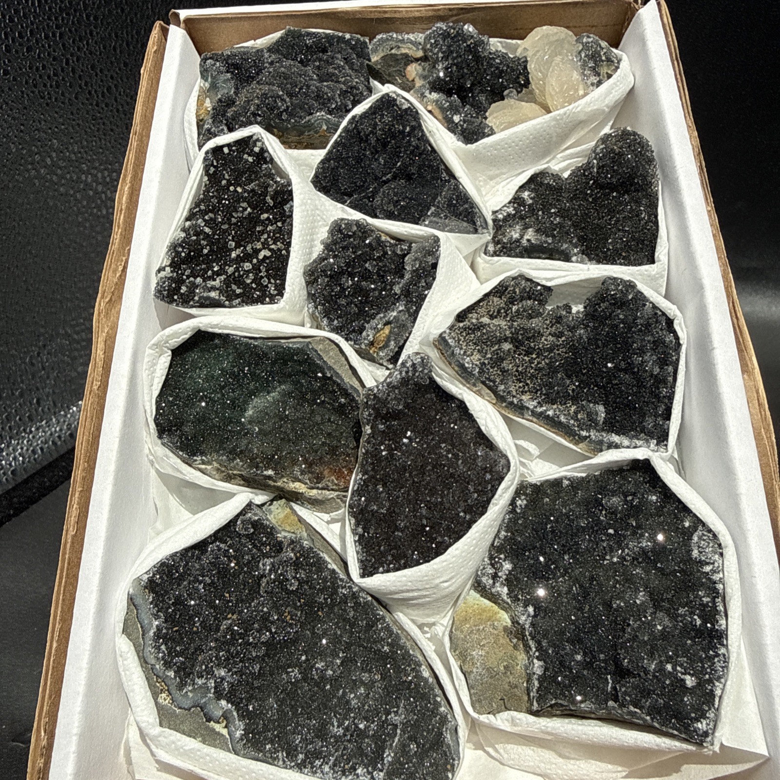 Natural Black Amethyst Zeolite With Calcite Flat! Whole Box! Crystals! Specimen!