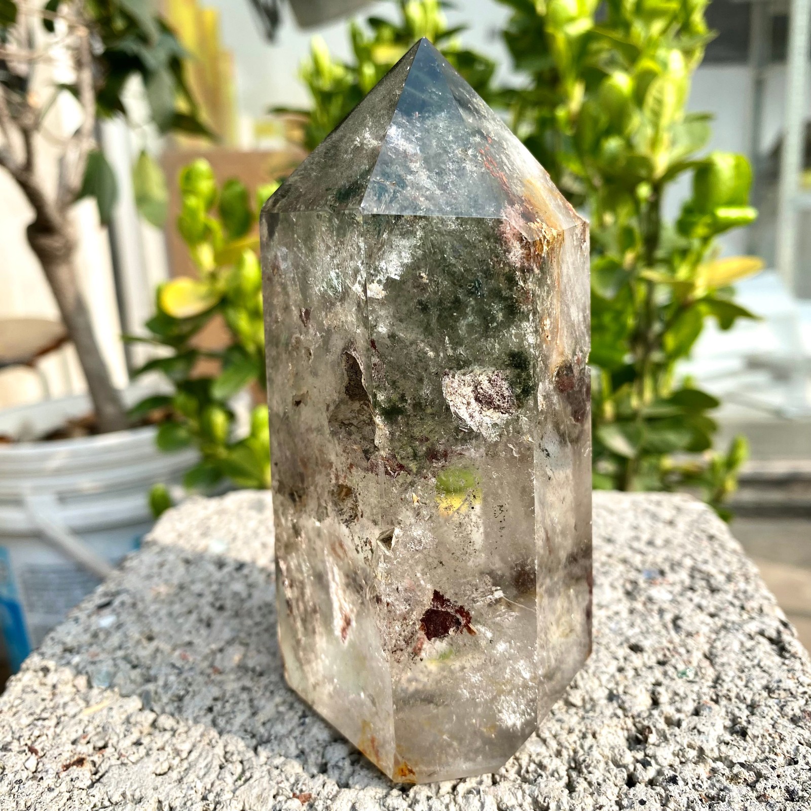1.33LB Natural Green Ghost Phantom Quartz Crystal Obelisk Tower Rod restoration